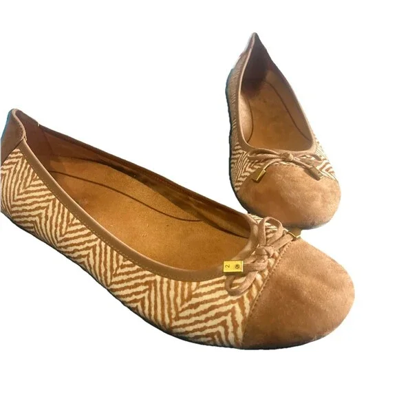 Vionic Minna Womens 11 Tan Ballet Flat Herringbone Calf Hair Bow Suede Cap Toe - Picture 2 of 16